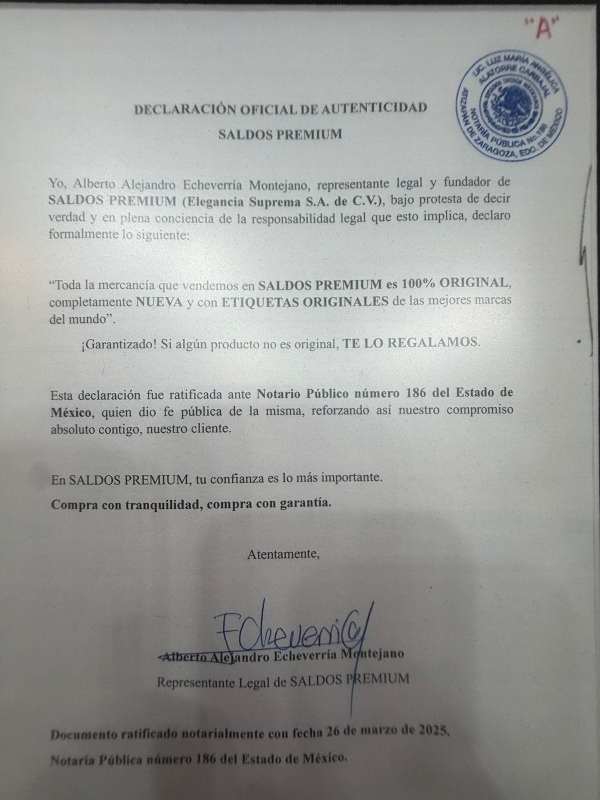 Documento notarial Saldos Premium